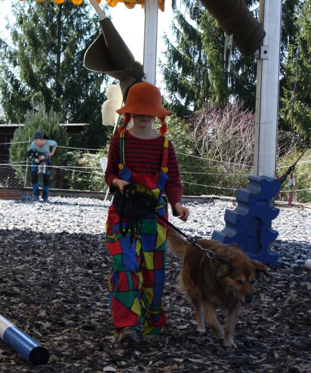 Ein Mädchen im Clownskostüm führt einen braunen Hund an der Leine durch eine Mangege. Das Bild entstand während des gruppenübergreifenden Zirkus-Projekts.